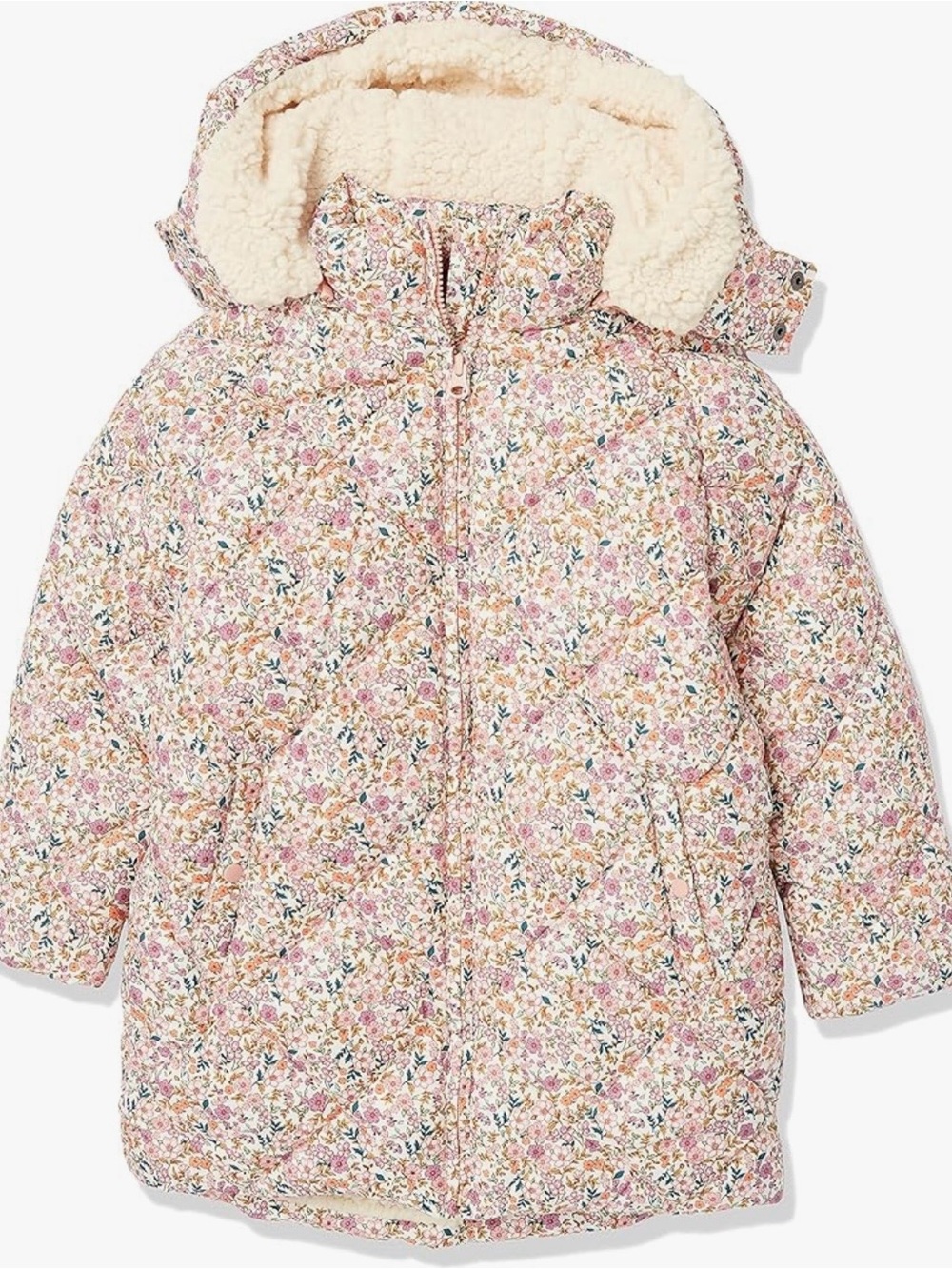 Kids Floral Hooded Puffer Coat - Pink Cream